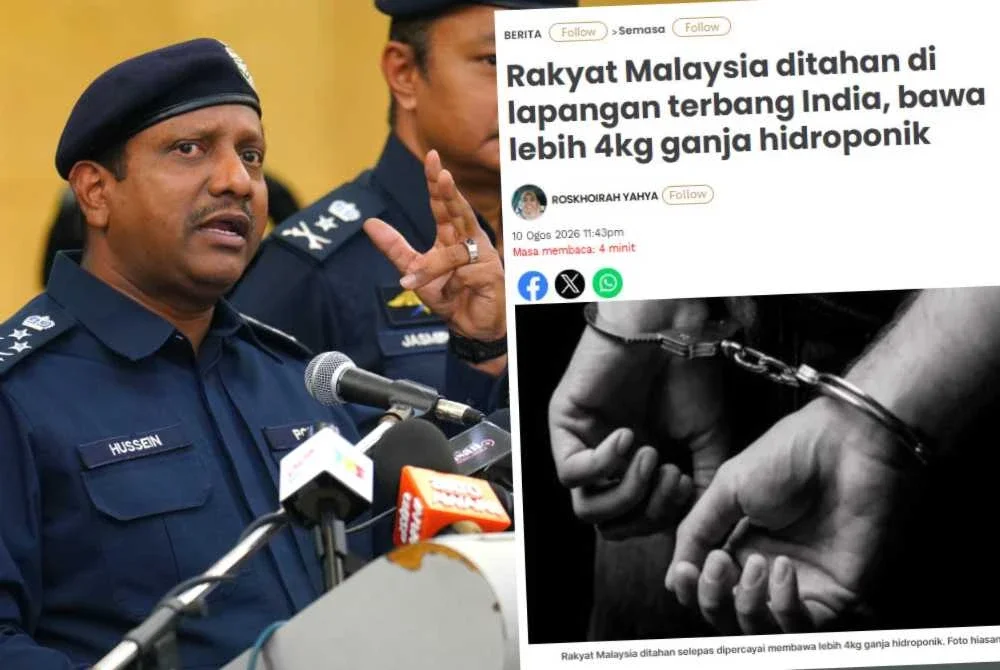 Hussein mengesahkan seorang lelaki berusia 54 tahun dari Perak ditahan pihak berkuasa India di Lapangan Terbang Antarabangsa Chennai, Sabtu lalu, kerana disyaki menyeludup empat kilogram ganja hidroponik.
Foto Sinar Harian - MOHD HALIM ABDUL WAHID