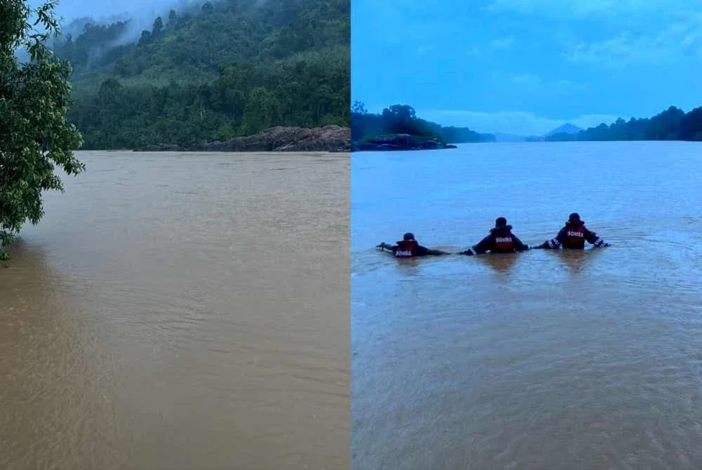 Anggota bomba dari BBP Kuala Krai sedang melalukan operasi mencari dan menyelamat dua pelajar Tingkatan Dua yang dikhuatiri lemas selepas dipercayai mandi bersama tiga lagi rakan di Sungai Kelantan berhampiran Kampung Batu Mengkebang, Jalan Batu Lada, Aur Duri, Kuala Krai pada Selasa. Foto:JBPM