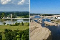 Kawasan dasar sungai mula kelihatan akibat penyusutan paras air di Sungai Loire, Perancis.