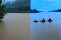 Anggota bomba dari BBP Kuala Krai sedang melalukan operasi mencari dan menyelamat dua pelajar Tingkatan Dua yang dikhuatiri lemas selepas dipercayai mandi bersama tiga lagi rakan di Sungai Kelantan berhampiran Kampung Batu Mengkebang, Jalan Batu Lada, Aur Duri, Kuala Krai pada Selasa. Foto:JBPM