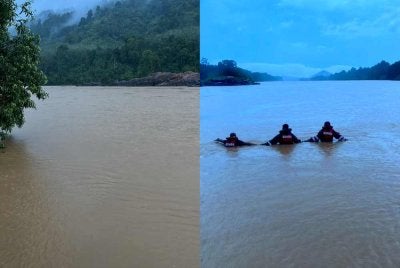 Anggota bomba dari BBP Kuala Krai sedang melalukan operasi mencari dan menyelamat dua pelajar Tingkatan Dua yang dikhuatiri lemas selepas dipercayai mandi bersama tiga lagi rakan di Sungai Kelantan berhampiran Kampung Batu Mengkebang, Jalan Batu Lada, Aur Duri, Kuala Krai pada Selasa. Foto:JBPM