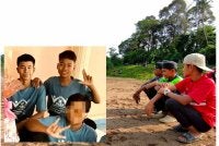 (Dari kanan) Muhd Ammar, Muhd Fareez Adrian dan Ilmie Afiq masih bersedih. Gambar kecil: Luth Naiman (kanan) telah ditemukan manakala rakannya, Mohd Rayyan (kiri) masih lagi hilang. 