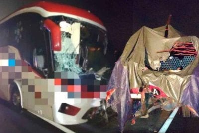 Keadaan bas ekspres dan lori treler yang berlanggar di Kilometer 169.2 Lebuhraya Utara Selatan - Foto: PDRM