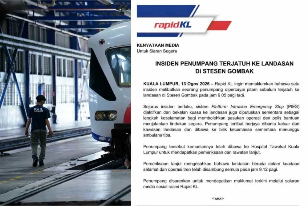 Kenyataan Rapid KL pada Khamis susulan insiden seorang penumpang terjatuh ke landasan di Stesen Gombak pada jam 9.05 pagi Khamis.