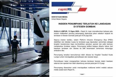 Kenyataan Rapid KL pada Khamis susulan insiden seorang penumpang terjatuh ke landasan di Stesen Gombak pada jam 9.05 pagi Khamis.