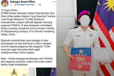Hantaran yang dimuat naik di Facebook Selangor Royal Office pada Khamis berhubung seorang pegawai PASKAL TLDM yang muncul penuntut terbaik keseluruhan kursus Sniper Infantry di China.