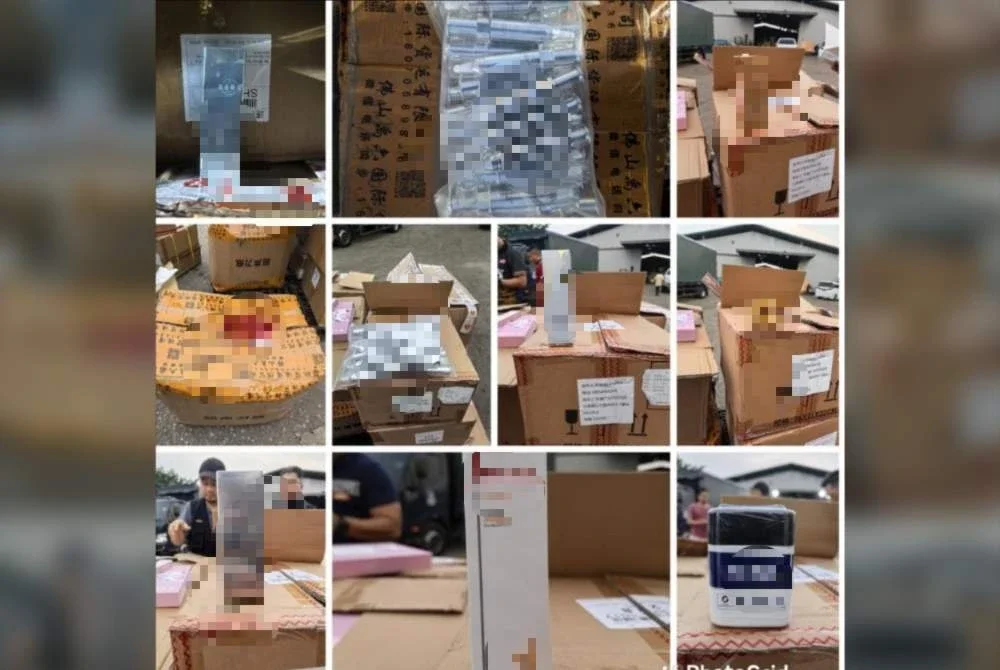 Antara produk kosmetik yang dirampas dalam serbuan di sebuah gudang pada Khamis.