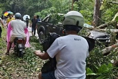 Keadaan di lokasi kejadian pokok tumbang hempap kenderaan mencederakan dua warga emas di Jalan Chamang, Bentong pada Jumaat. Foto: Polis Bentong