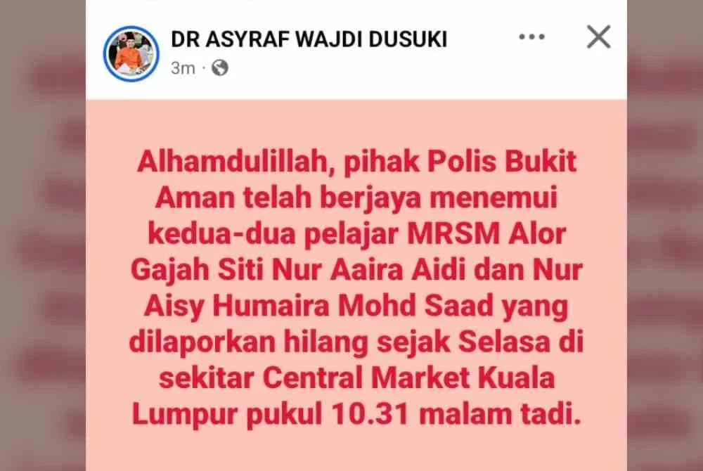Hantaran Facebook Asyraf Wajdi berhubung kes terbabit pada awal pagi Sabtu.