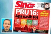 Laporan muka depan Sinar Harian pada Khamis mengenai PRU16: apa nasib PH. Gambar kecil: Mohd Azhar