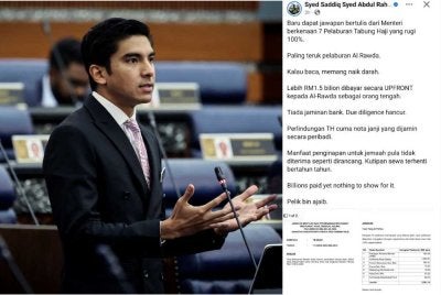 Hantaran Syed Saddiq di Facebook beliau pada Ahad mengenai tujuh pelaburan TH yang mengalami kerugian sepenuhnya.