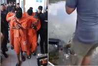 Gambar kiri: Empat individu ketika dihadapkan ke Mahkamah Batu Pahat pada Isnin. Gambar kanan: Mayat mangsadibalut dengan jaring dan dibuang ke dalam sungai. 