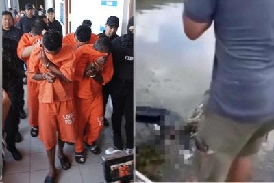 Gambar kiri: Empat individu ketika dihadapkan ke Mahkamah Batu Pahat pada Isnin. Gambar kanan: Mayat mangsadibalut dengan jaring dan dibuang ke dalam sungai. 
