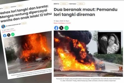 Laporan Sinar Harian mengenai dua beranak maut dalam kemalangan di i Kilometer 9, Jalan Temerloh-Triang, di Kampung Lebak, Jumaat lalu.