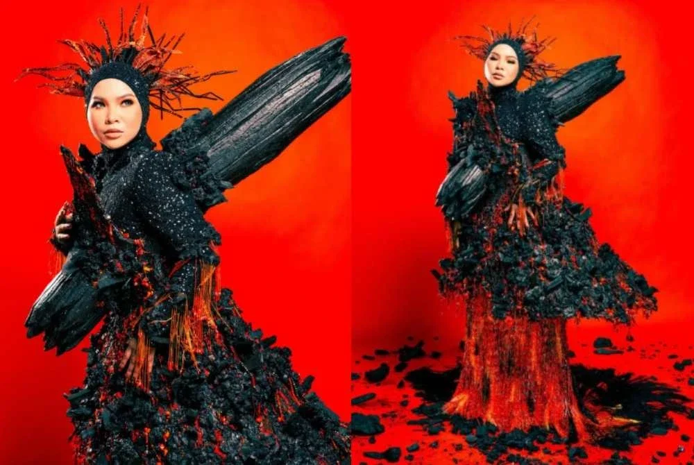 Karya agung yang mengambil masa hingga 1,000 jam untuk disiapkan ini adalah naskhah seni yang menterjemahkan tenaga, haba dan kuasa alam melalui simbolik gunung berapi serta aliran lahar. Foto Instagram ainaabdul