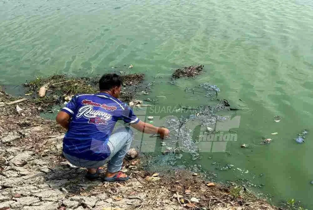 Seorang penduduk menunjukkan keadaan buih kebiruan yang terdapat pada kolam berkenaan.Foto: Sinar.