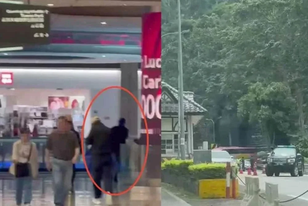 Tangkap layar rakaman video tular memaparkan individu dipercayai suspek melarikan diri selepas melakukan rompak kedai emas dalam pusat beli-belah di Genting Highlands pada Isnin.