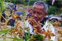 Razali mencium bunga orkid harimau yang sedang mekar ketika ditemui pemberita di Kampung Redip. Foto Bernama