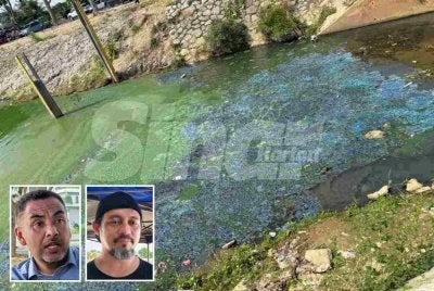 Keadaan buih hijau kebiruan pada kolam takungan sewaktu tinjauan pada Selasa. Gambar kecil: Mohd Noor Helmy (kiri), Nor Hisham