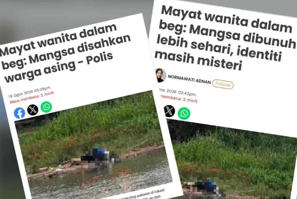 Laporan Sinar Harian berhubung penemuan satu mayat di dalam beg pakaian di sungai berhampiran Jeti Dataran Lembah, Kuala Kangsar.