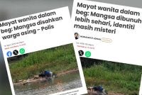 Laporan Sinar Harian berhubung penemuan satu mayat di dalam beg pakaian di sungai berhampiran Jeti Dataran Lembah, Kuala Kangsar.