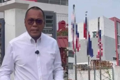 Pandak (kiri) mendedahkan kejadian Jalur Gemilang dan bendera Johor terbalik di sebuah kilang di Iskandar Puteri.
