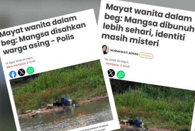 Laporan Sinar Harian berhubung penemuan satu mayat di dalam beg pakaian di sungai berhampiran Jeti Dataran Lembah, Kuala Kangsar.