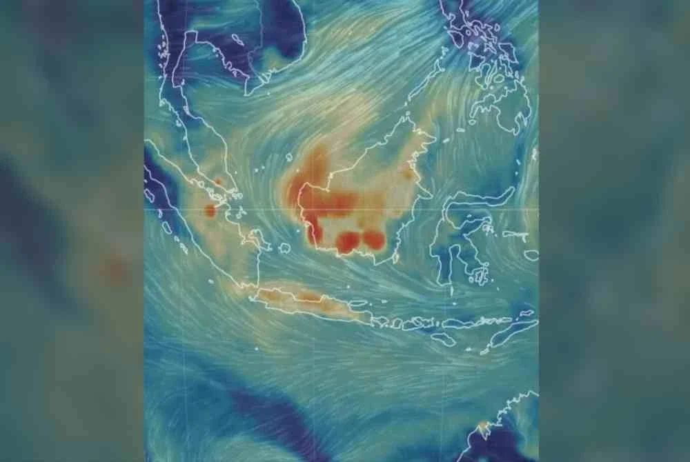 Peta Nullschool menunjukkan arah pergerakan angin, ketumpatan PM2.5 serta kawasan yang terjejas akibat jerebu dari Kalimantan dan Sumatera. Kawasan berwarna merah menunjukkan sumber utama jerebu, yang dikenal pasti datang dari Kalimantan dan Sumatera.