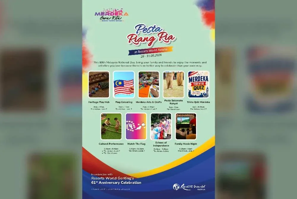 Pesta Riang Ria di ruang atrium Resorts World Awana dari 29 hingga 31 Ogos menawarkan pelbagai aktiviti menarik.