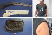 Gambar kiri: Rampasan parang dan dadah yang dirampas daripada suspek. Gambar kanan: Kecederaan dialami oleh anggota polis selepas bergelut dengan suspek. Foto PDRM
