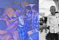 Rakaman CCTV di dalam kelas menunjukkan kanak-kanak itu memegang batu tulis sebelum berdiri dalam barisan di hadapan gurunya. - Foto Agensi