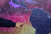 Saintis menunjukkan peta NOAA yang memaparkan peningkatan suhu permukaan laut selepas perairan Pasifik timur kini semakin panas. - Foto Agensi