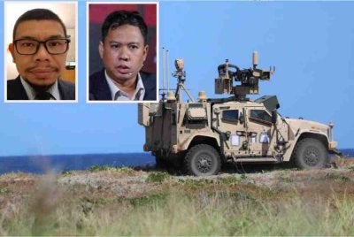 Anggota tentera Amerika Syarikat mengendalikan sistem roket HIMARS di Pulau Balabac semasa latihan Balikatan 2026. Gambar kecil Aizat (kiri) dan Mohd Yazid