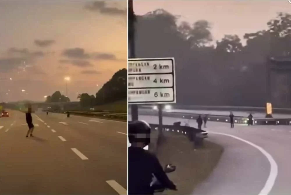 Beberapa individu dilihat menutup laluan Lebuhraya Linkedua. - Foto tular