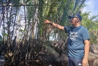 Md Israk melihat kawasan penambakan sisa binaan dari Singapura, menjejaskan pendapatan nelayan di Kampung Simpang Kiri, Pontian.