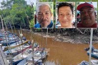 Air sungai tercemar dan berbau akibat penambakan sisa binaan dari Singapura, menjejaskan pendapatan nelayan di Kampung Simpang Kiri, Pontian. Gambar kecil dari kiri: Abdul Jalil, Mohd Azmi dan Mohd Ikhwan