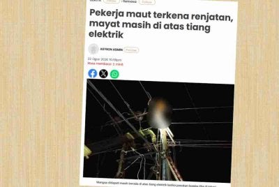 Laporan Sinar Harian mengenai seorang pekerja maut akibat terkena renjatan elektrik. 