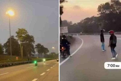 Dua penunggang motosikal dilihat bersaing sesama sendiri termasuk melakukan aksi Superman manakala beberapa individu lain dipercayai berada di tepi lebuh raya sambil menyaksikan perlumbaan berkenaan.