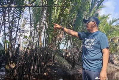Md Israk melihat kawasan penambakan sisa binaan dari Singapura, menjejaskan pendapatan nelayan di Kampung Simpang Kiri, Pontian.