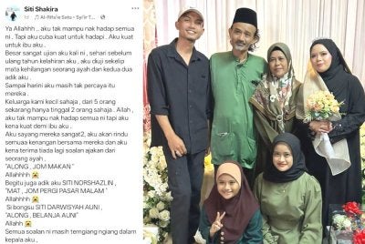Luahan anak sulung kepada mangsa kemalangan lori JIM Rabu lalu. Gambar kanan: Foto kenangan Siti Nor Shakira (berdiri, kanan) bersama keluarganya.