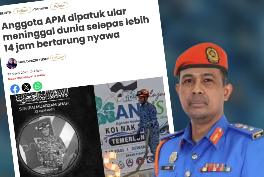 Laporan Sinar Harian pada Ahad berhubung kejadian seorang anggota APM yang meninggal dunia selepas dipatuk ular di Temerloh. Gambar kanan: Che Adam