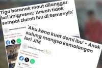 Laporan Sinar Harian mengenai keluarga tiga beranak yang maut dirempuh lori Jabatan Imigresen Malaysia (JIM) di Kuala Lumpur, minggu lalu.