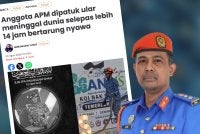 Laporan Sinar Harian pada Ahad berhubung kejadian seorang anggota APM yang meninggal dunia selepas dipatuk ular di Temerloh. Gambar kanan: Che Adam