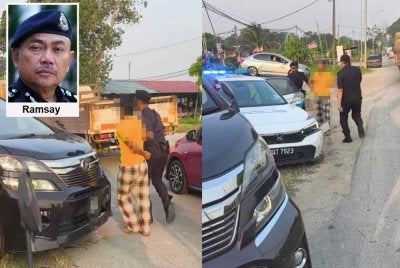 Tangkap layar rakaman video tular seorang lelaki yang cuba melarikan diri daripada pemeriksaan polis diberkas di Jalan Persiaran Hamzah Alang, Meru pada Isnin.