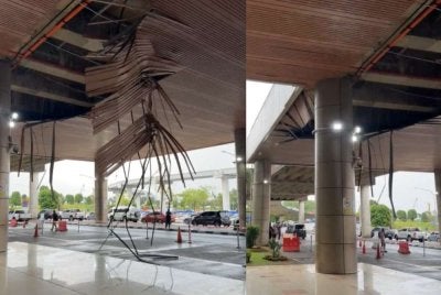 Keadaan di laluan mengambil dan menurunkan penumpang di LTAB Kuching yang mengalami kerosakan akibat hujan lebat dan angin kencang pada Selasa. Foto tangkap layar video Suara Sarawak