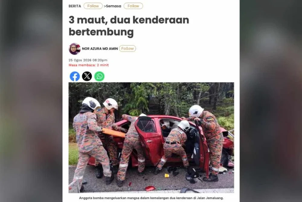 Laporan Sinar Harian pada Selasa berhubung kematian tiga individu dalam kemalangan di Kota Tinggi.