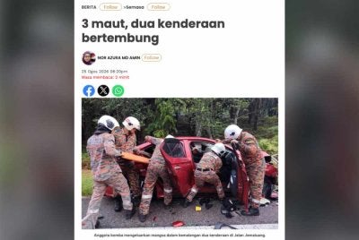Laporan Sinar Harian pada Selasa berhubung kematian tiga individu dalam kemalangan di Kota Tinggi. 