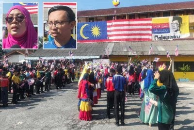 Sambutan Pra Ambang Kemerdekaan Hari Kebangsaan serta peluncuran bendera gergasi Jalur Gemilang di SK Bohor pada Rabu. Gambar kecil Hazrina (kiri) dan Mohd Tarmizi.
