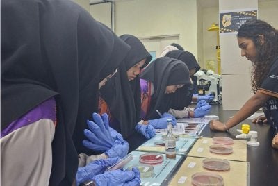 Demonstrasi Mikrobiologi oleh pelajar PhD di Fakulti Perubatan UKM. Peserta belajar mengenai pelbagai jenis bakteria dan cara untuk membiak dan mengenal pastinya.