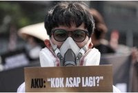 Salah seorang penunjuk perasaan memakai topeng muka ketika membantah kebakaran tidak terkawal kawasan pertanian dan hutan. - Foto Agensi